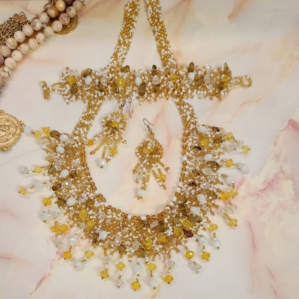 Handmade Entricately Beaded Necklace Bracelet & Earrings Set